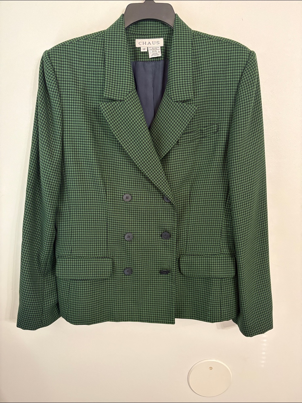 Chaus Wool Blend Green and Black Herringbone Double Breasted Blazer NWOT SIZE 12
